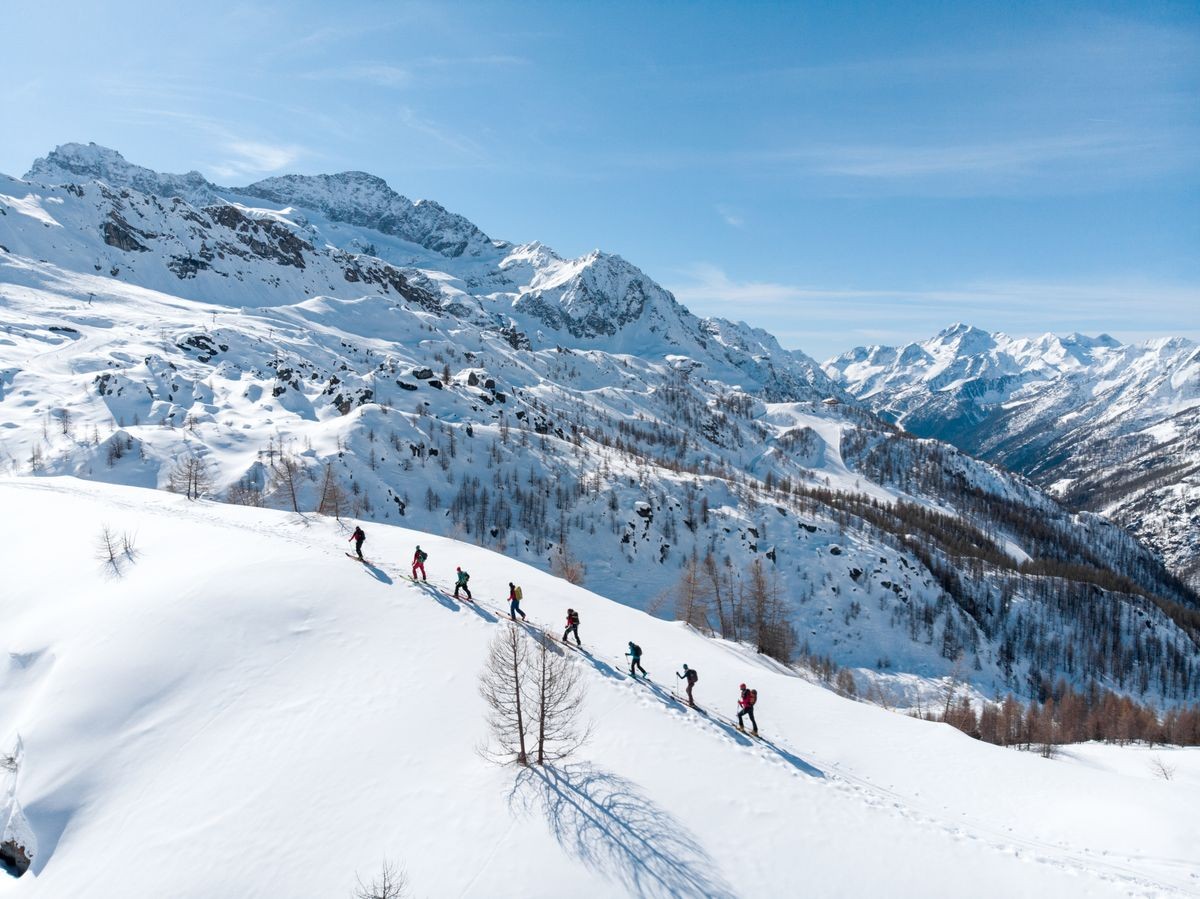 Aerial View of Group of touring skiers. Ski touring in the mountains. From Above. Ski tour group. Monte Rosa Masif Aosta. Skiers on the ridge. Aerial - group ski touring skin uphill in a line.